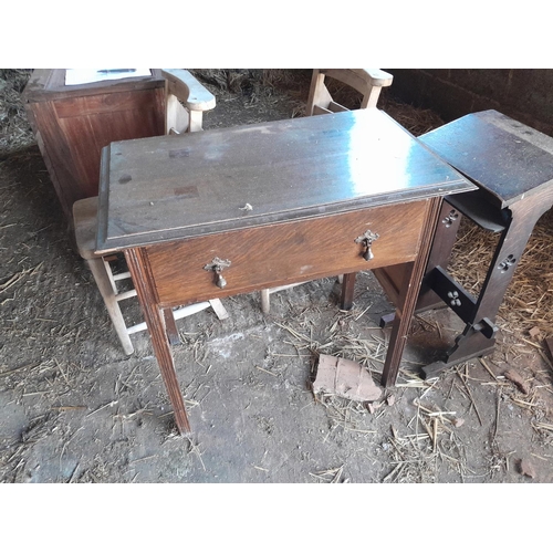 308 - Furniture : pair of church chairs, note woodworm, cupboard, oak single drawer side table