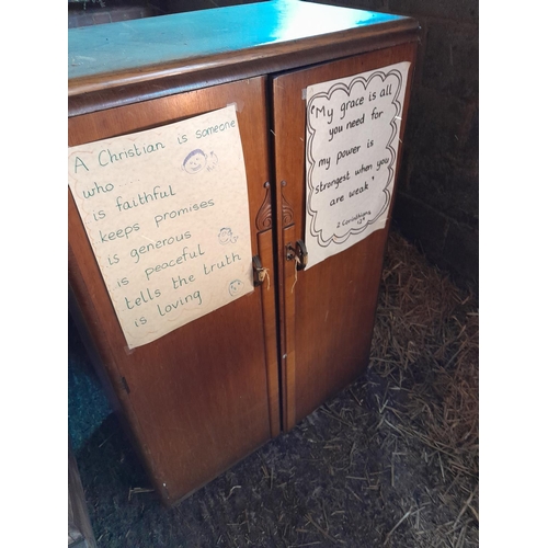 308 - Furniture : pair of church chairs, note woodworm, cupboard, oak single drawer side table