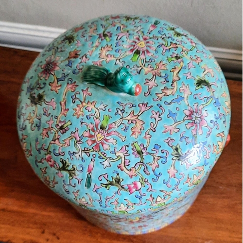 299 - Chinese pale blue ground storage jar decorated with various coloured floral motifs with red handles ... 