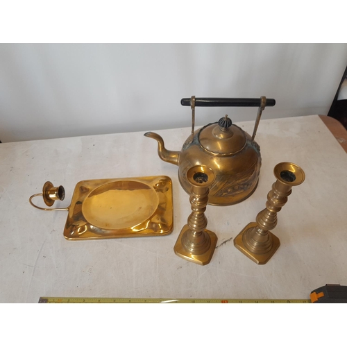 144 - Assorted brass ware including  kettle, sconce and candle sticks