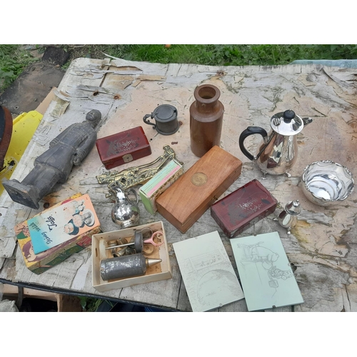 165 - Assorted plated ware, wooden and other boxes, 19th century pewter inkwell etc.