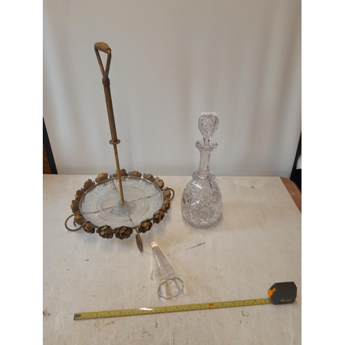 168 - Cut glass decanter and vintage French metal and glass centre piece