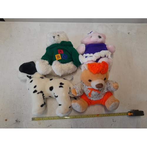 174 - 4 x teddy bears : 1 x animal alley in green cardigan & 1 x Real toy dalmatian dog