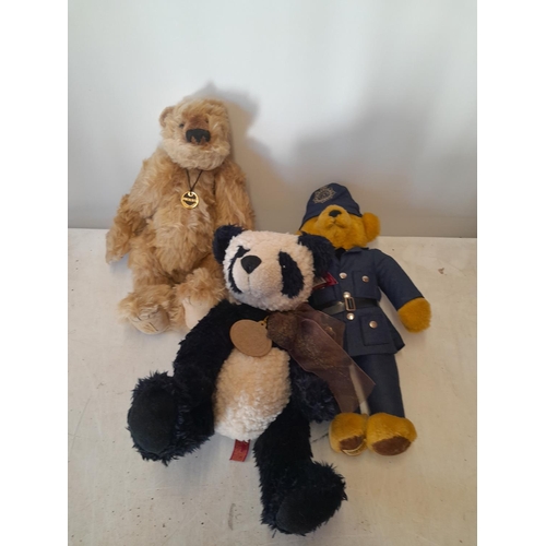191 - 3 x teddy bears : Deans ltd Edition Jack Junior with tags, Merrythought Policeman & Aurora with tags
