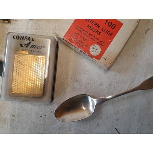 217 - Box of oddments : silver tea spoon, various vintage and modern wrisdtwatches, trade cards stamps as ... 