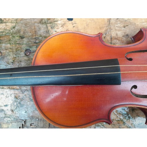 56 - Early 20th century no labelled violin, with half back,  in W E Hill wooden case with Hill back stamp... 