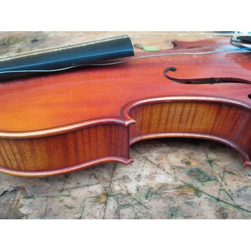 56 - Early 20th century no labelled violin, with half back,  in W E Hill wooden case with Hill back stamp... 