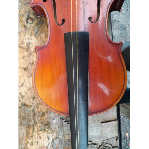 56 - Early 20th century no labelled violin, with half back,  in W E Hill wooden case with Hill back stamp... 