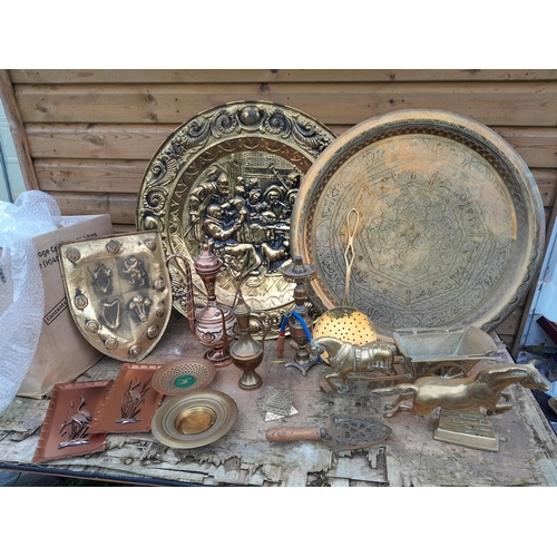 84 - Large array of brassware : Benares table top, wall dish, brass horses etc.