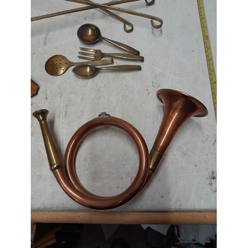 86 - Vintage copper hunting horn (no maker), copper measures and moulds brass ware etc.