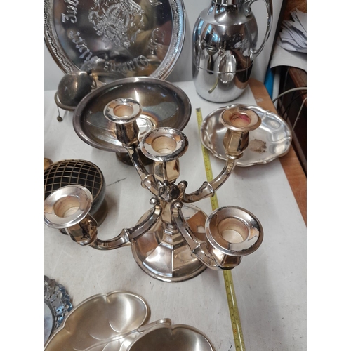 87 - Box of assorted silver plated ware, candelabra etc.