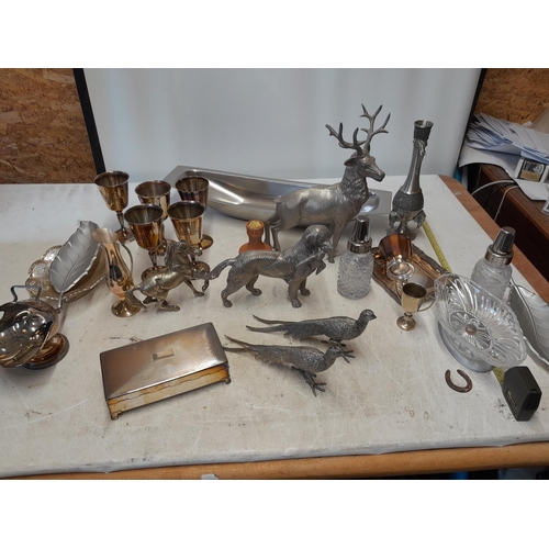 89 - Box of silver plate, plated animals , Danish stainless steel dish etc.