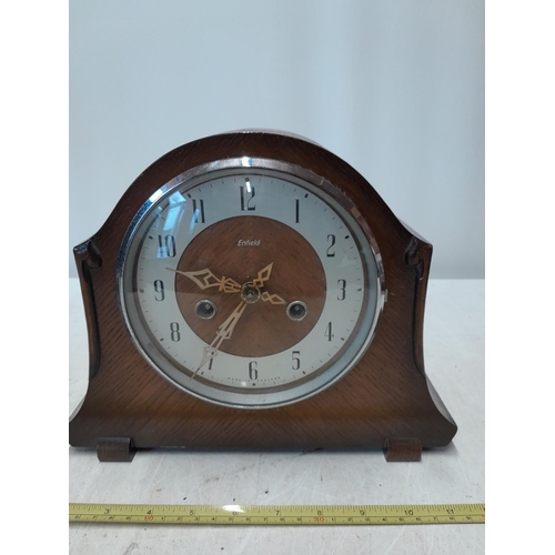 96 - Vintage oak case mantle clock with pendulum and key