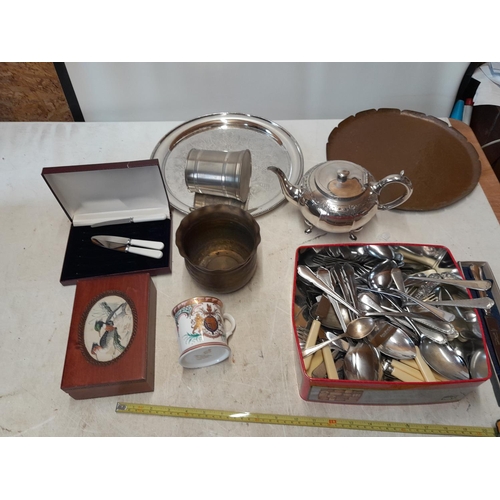 100 - Box of oddments : commemorative mug, silver plate cutlery etc.