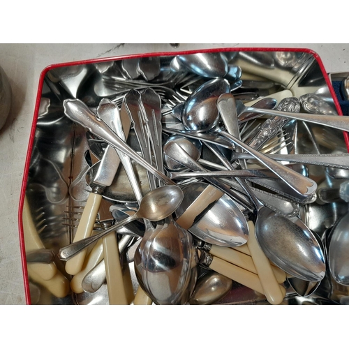 100 - Box of oddments : commemorative mug, silver plate cutlery etc.