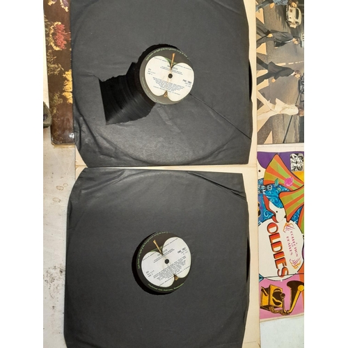 28 - Vinyl record albums : The Beatles : white album with poster / lyric sheet, Abbey Road, Sgt. Pepper n... 