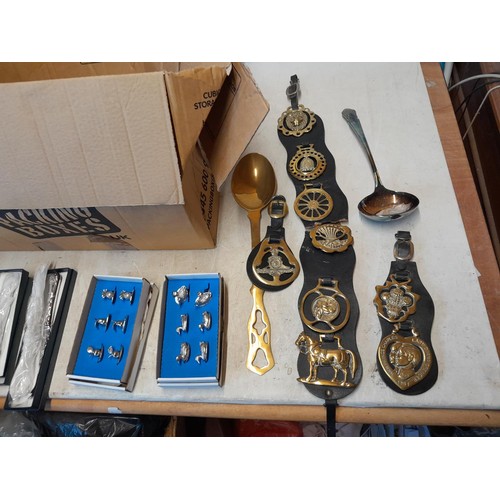 136 - Vintage horse brasses and silver plated cutlery