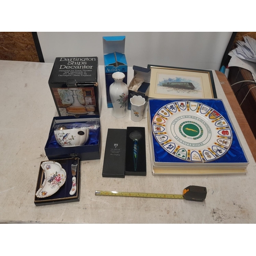 146 - Boxed Aynsley china, Royal Crown Derby boxed, collectors plate Murano glass magnifying glass and Box... 