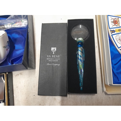 146 - Boxed Aynsley china, Royal Crown Derby boxed, collectors plate Murano glass magnifying glass and Box... 