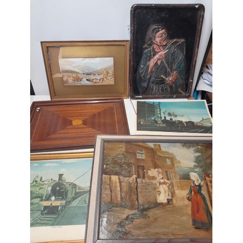 240 - Various pictures and prints, Edwardian inlaid tray, South East Asian gesso picture of man