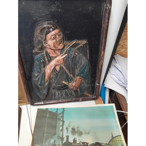 240 - Various pictures and prints, Edwardian inlaid tray, South East Asian gesso picture of man