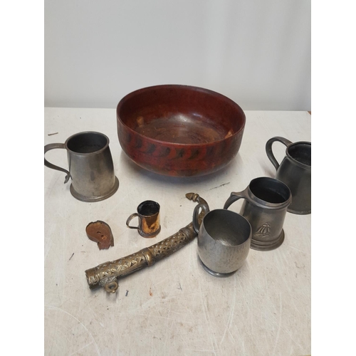 241 - 19th century pewter tankards, South East Asian lacquer bowl etc.