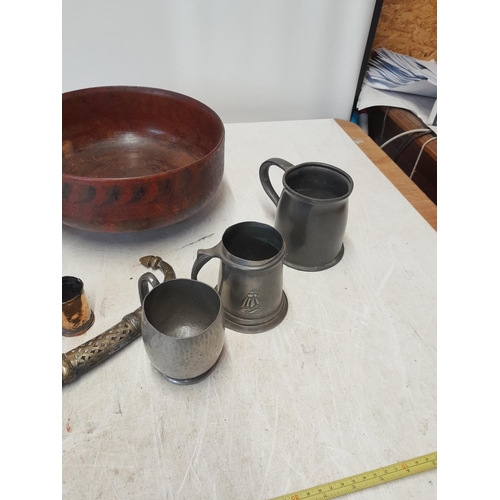 241 - 19th century pewter tankards, South East Asian lacquer bowl etc.