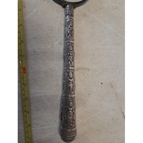 243 - 19th century Burmese silver parasol / walking cane handle with later magnifying glass added