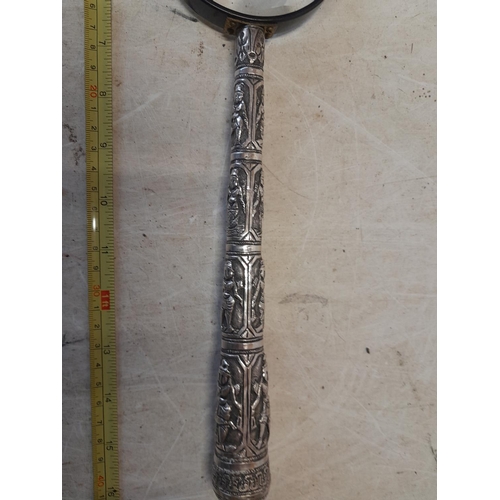 243 - 19th century Burmese silver parasol / walking cane handle with later magnifying glass added