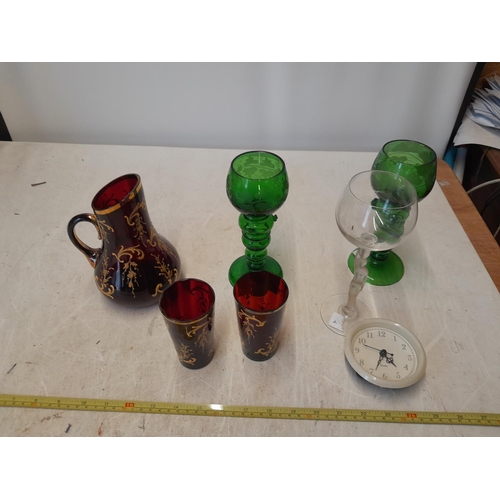 244 - 19th century and later glassware : ruby glass enamelled beakers and jug, Bohemian hock glasses etc.