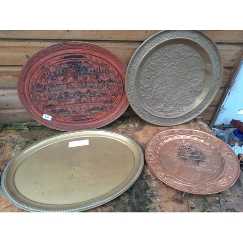 245 - Various South East Asian lacquer trays, brassware and plated tray