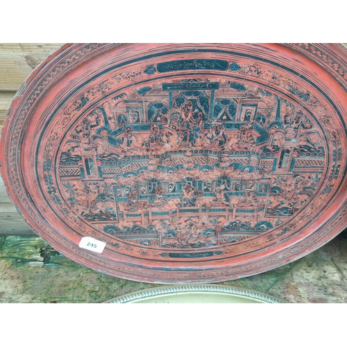 245 - Various South East Asian lacquer trays, brassware and plated tray