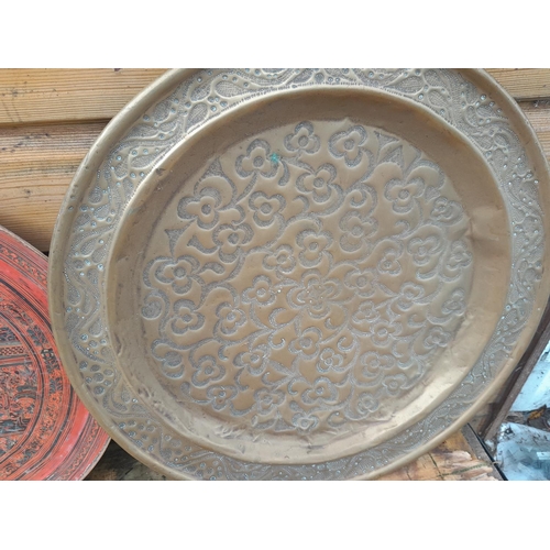 245 - Various South East Asian lacquer trays, brassware and plated tray