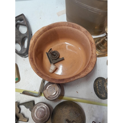 248 - Box of oddments : brass candlesticks, kettle stand, Indian inlaid box, Chinese brass bells etc.