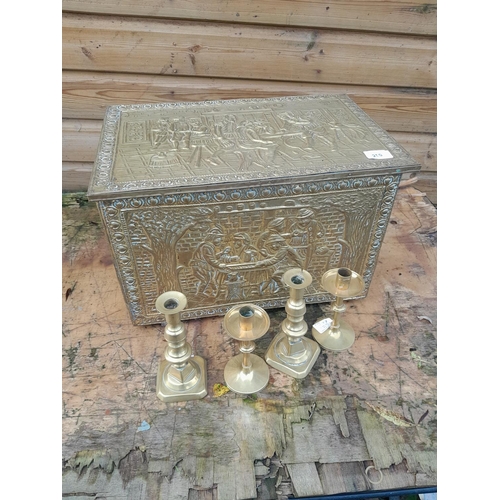 250 - Brass candlesticks and slipper box