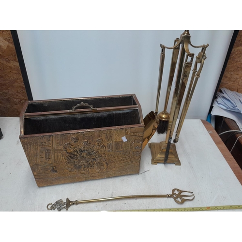 261 - Brass magazine rack and fire iron set