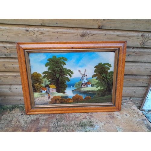 312 - Early 20th century reverse painting on glass in good maple frame