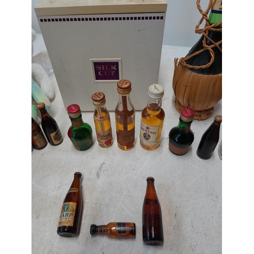 335 - Melini 1969 Chianti various miniatures including whisky  , Silk Cut advertising ice bucket & 3 x TY ... 