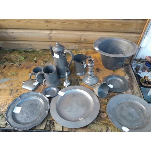 431 - 19th and 20th century pewter, chamber pot inset, tankards, plates funnel etc.