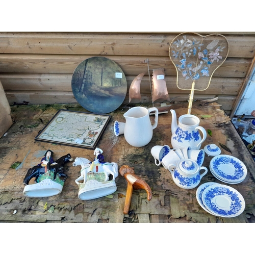 433 - Box of oddments : 19th century Staffordshire pottery flatbacks, copper boat, carved wooden part nut ... 