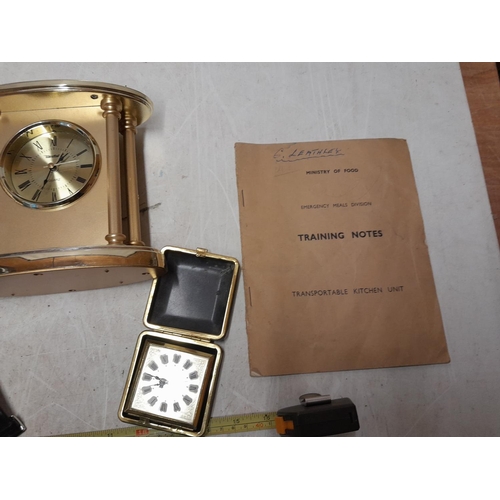 16 - Box of oddments : watches and clock, Ministry of Food Training notes etc.