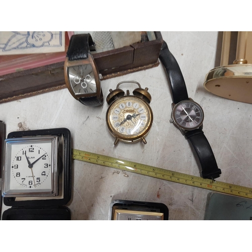 16 - Box of oddments : watches and clock, Ministry of Food Training notes etc.