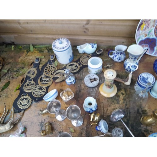 56 - Box of decorative china and glass ornaments, horse brasses, pewter and plated ware etc.