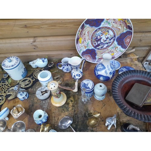 56 - Box of decorative china and glass ornaments, horse brasses, pewter and plated ware etc.