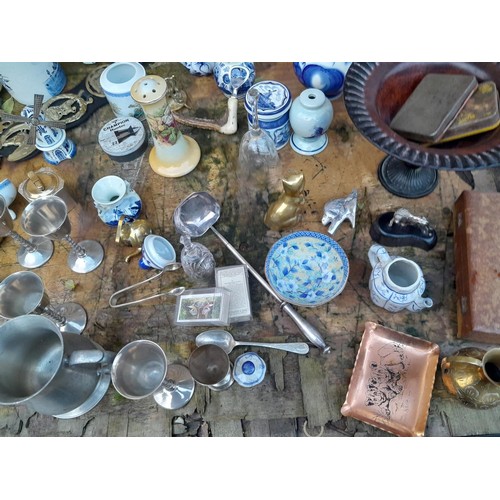 56 - Box of decorative china and glass ornaments, horse brasses, pewter and plated ware etc.