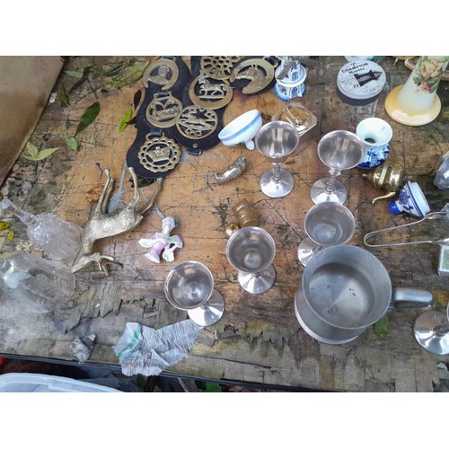 56 - Box of decorative china and glass ornaments, horse brasses, pewter and plated ware etc.