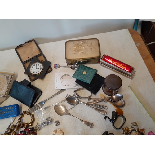 103 - Assorted costume jewellery, watches, clocks, Mauchline ware pot etc.