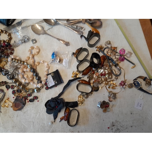 103 - Assorted costume jewellery, watches, clocks, Mauchline ware pot etc.