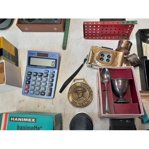 108 - Box of oddments : Kodak bellows camera, Meccano motor, bakelite camera, plated ware, Avo meter, Moor... 