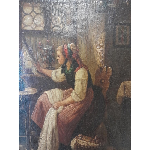 134 - 19th century oil on canvas Interior scene, Lady at the Window , cleaned, 23 cms x 20  cms